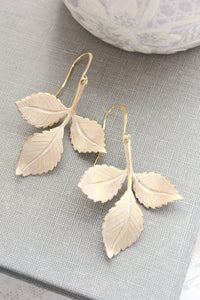 Three Leaf Branch Earrings - White Patina