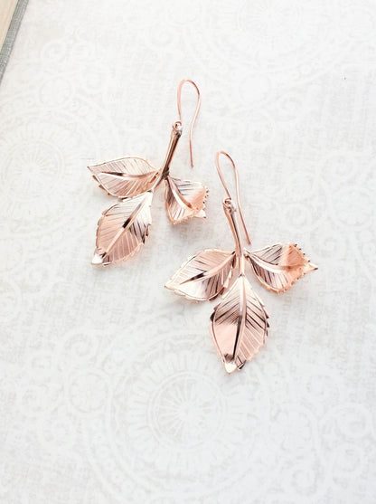 Three Leaf Branch Earrings | Rose Gold