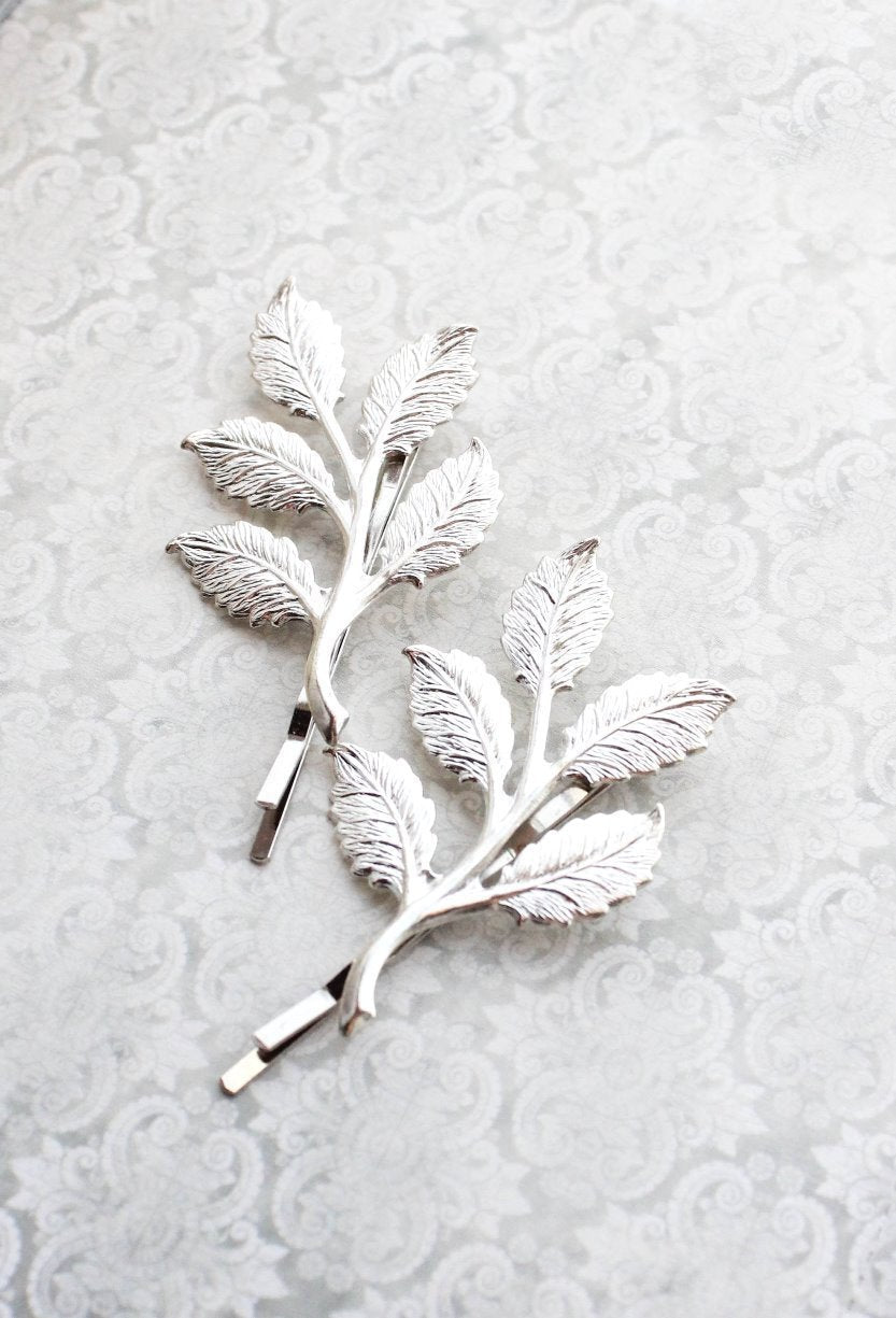 Branch Bobby Pins - Bright Silver Leaves (set of 2)