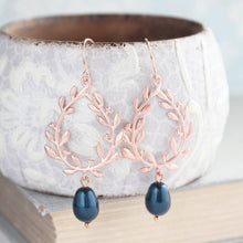 Load image into Gallery viewer, Rose Gold Leaf Earrings - Navy Pearl