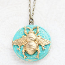 Load image into Gallery viewer, Bee Locket Necklace - Aqua Patina