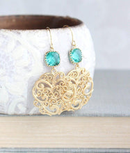 Load image into Gallery viewer, Teal and Gold Filigree Earrings