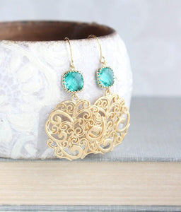 Teal and Gold Filigree Earrings