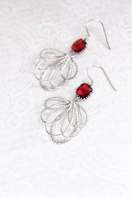 Silver Loop Earrings - Red