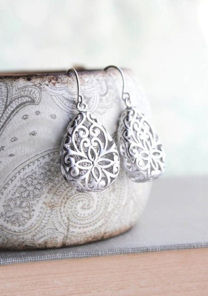 Silver Teardrop Filigree Earrings