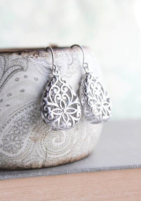 Silver Teardrop Filigree Earrings