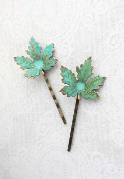 Maple Leaf Bobby Pins - Verdigris