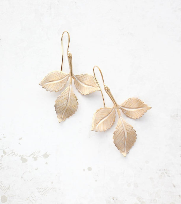 Three Leaf Branch Earrings - White Patina