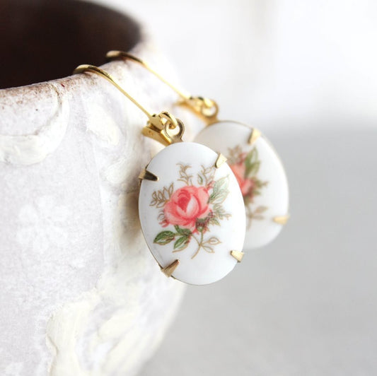 Pink Rose Earrings - Glass Cameo