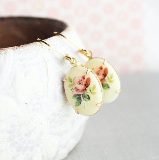 Red Rose Earrings - Glass Cameo