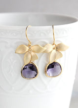 Load image into Gallery viewer, Gold Orchid Earrings - Purple