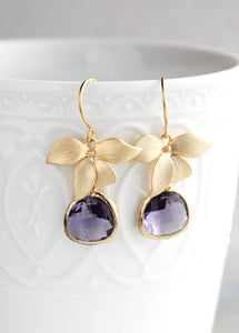 Gold Orchid Earrings - Purple