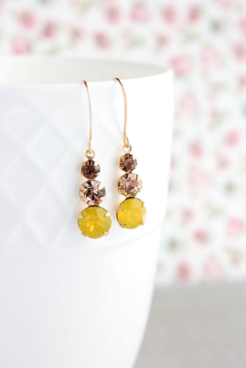 Three Jewel Drop Earrings - Yellow