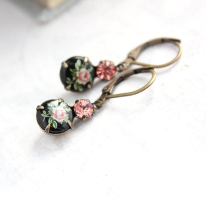 Black and Pink Rose Earrings