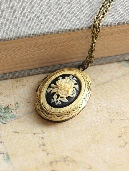 Black Floral Cameo Locket