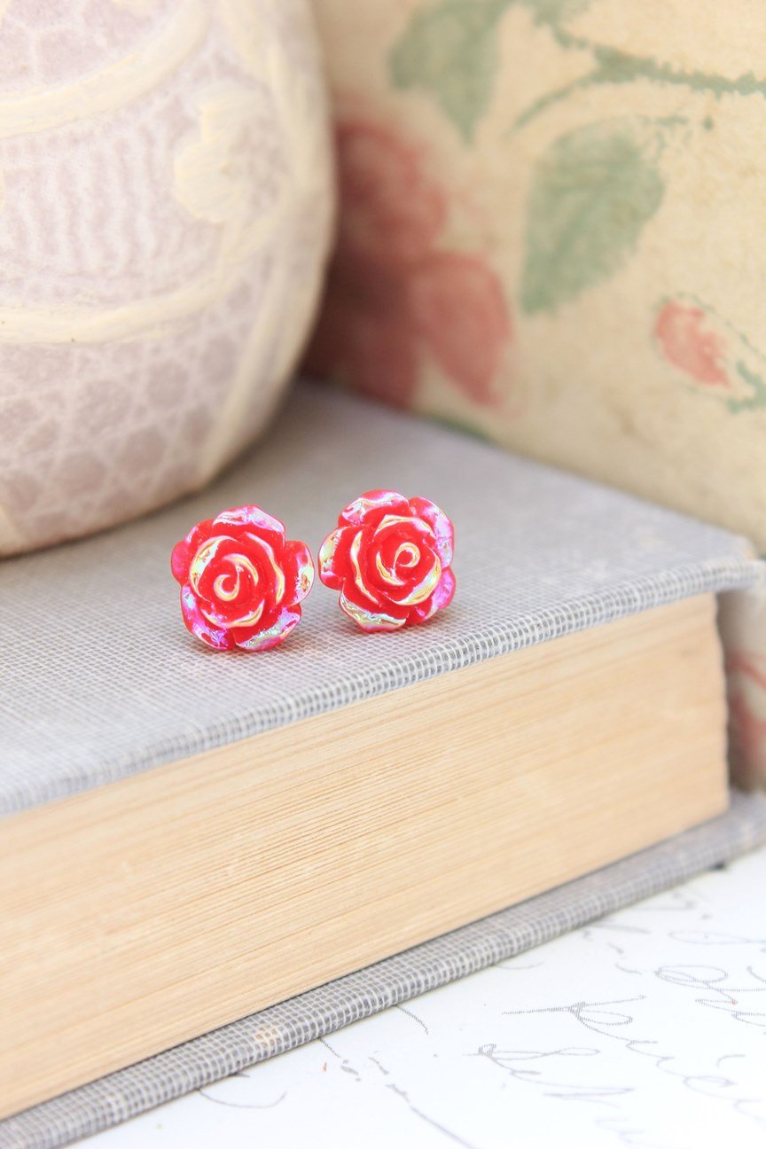 Shimmer Rose Studs - Red
