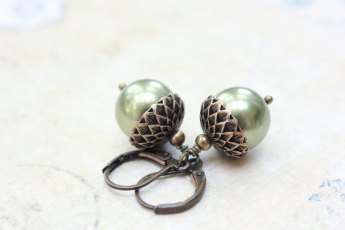 Pearl Acorn Earrings -Light Green