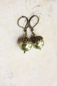 Pearl Acorn Earrings -Light Green