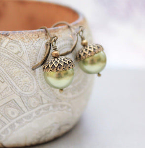 Pearl Acorn Earrings -Light Green