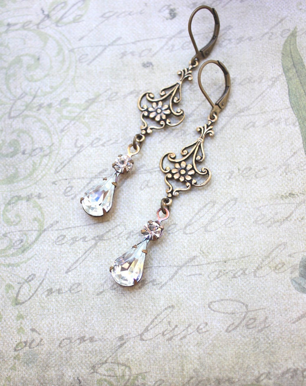 Long Filigree Earrings - Crystal Glass