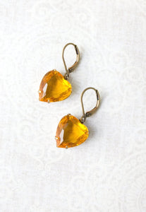 Yellow Earrings Topaz Heart Earrings Golden Honey Vintage Glass Drop Valentines Day Sunflower Yellow Rhinestone Dangle Earrings