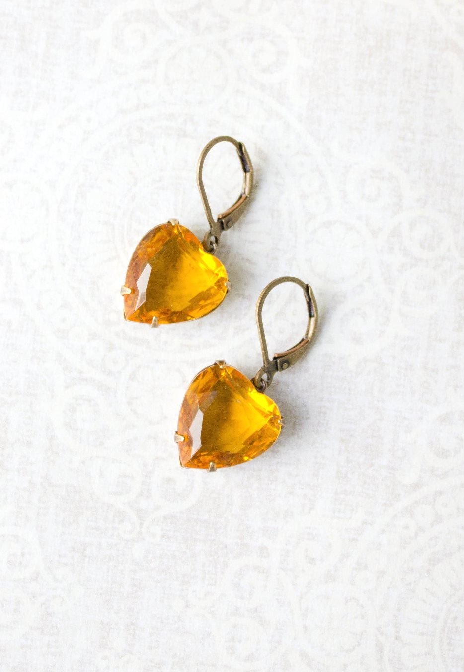 Yellow Earrings Topaz Heart Earrings Golden Honey Vintage Glass Drop Valentines Day Sunflower Yellow Rhinestone Dangle Earrings