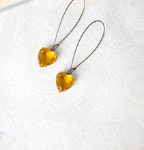Load image into Gallery viewer, Yellow Earrings Topaz Heart Earrings Golden Honey Vintage Glass Drop Valentines Day Sunflower Yellow Rhinestone Dangle Earrings