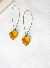 Load image into Gallery viewer, Yellow Earrings Topaz Heart Earrings Golden Honey Vintage Glass Drop Valentines Day Sunflower Yellow Rhinestone Dangle Earrings