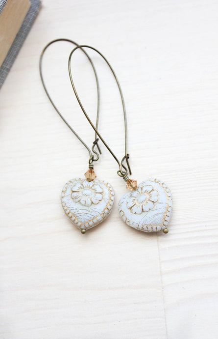 Long Earrings - Antique White Heart