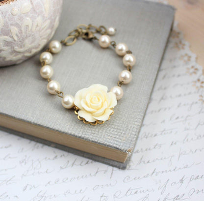 Ivory Rose and Pearl Bracelet