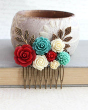 Load image into Gallery viewer, Teal and Red Floral Comb - C1038