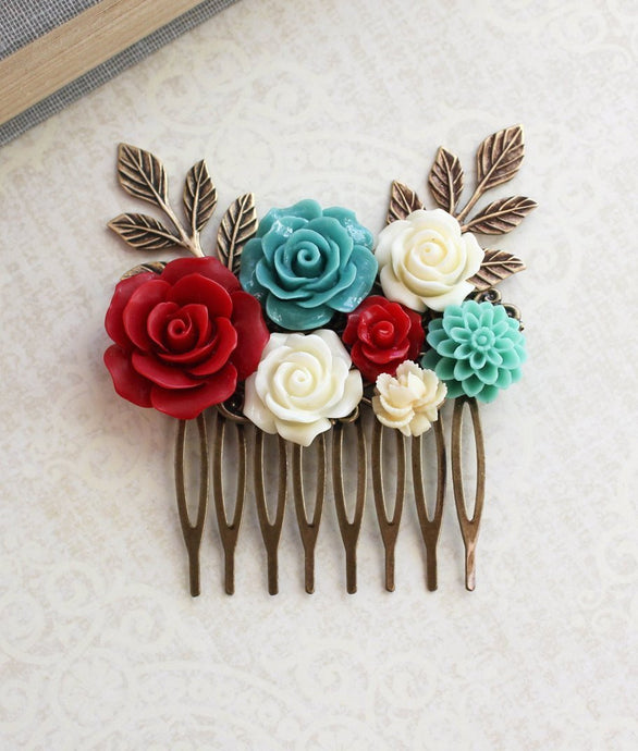 Teal and Red Floral Comb - C1038