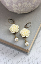 Load image into Gallery viewer, Ivory Cream Rose Earrings