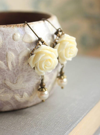 Ivory Cream Rose Earrings