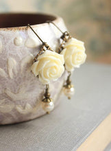 Load image into Gallery viewer, Ivory Cream Rose Earrings