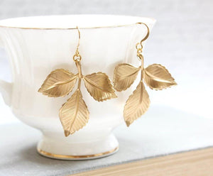 Three Leaf Branch Earrings - Gold Brass