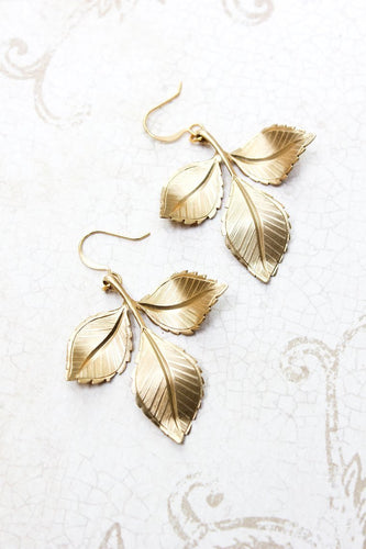 Three Leaf Branch Earrings - Gold Brass