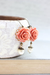 Coral Rose Earrings - Pearl Drops