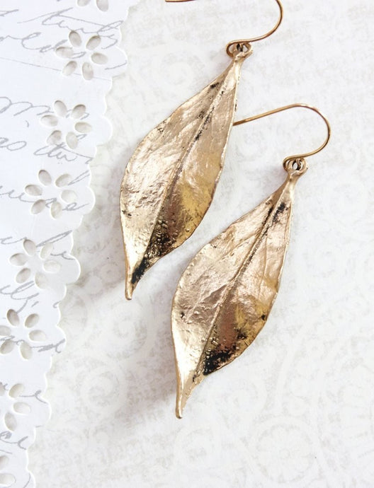 Long Curled Leaf Earrings - Gold