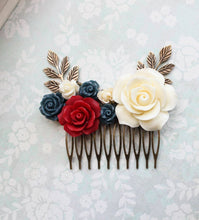 Load image into Gallery viewer, Red and Navy Floral Comb - C1017