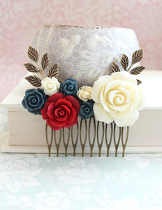 Red and Navy Floral Comb - C1017