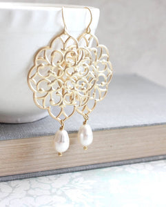 Gold Filigree Earrings (14 Pearl Colors)