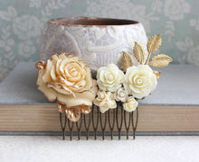 Load image into Gallery viewer, Gold and Cream Floral Comb - C1059
