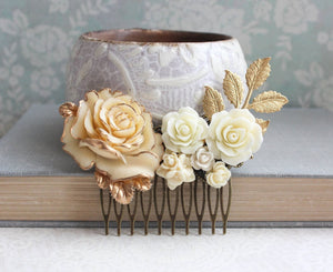 Gold and Cream Floral Comb - C1059