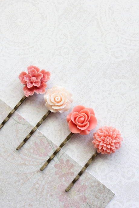 Coral Peach Flower Bobby Pins - BP1001