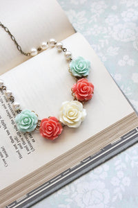 Coral and Mint Floral Necklace