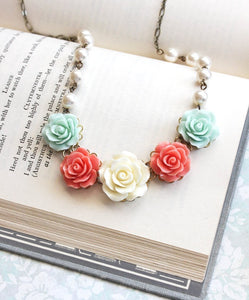 Coral and Mint Floral Necklace