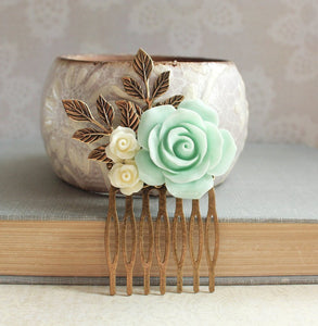 Mint and Ivory Rose Comb - C1048