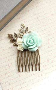 Mint and Ivory Rose Comb - C1048