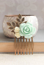 Load image into Gallery viewer, Mint and Ivory Rose Comb - C1048